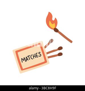 Einfache Übereinstimmungen festgelegt. Brennender Match mit Feuer. Vektorabbildung abgewickelt auf weißem Hintergrund isoliert. Verbrannter Streichholzstab mit Rauch und roter Streichholzschachtel Stock Vektor