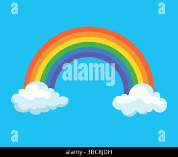 Helle Vektor-Illustration eines Regenbogens von sechs Farben, die aus zwei weißen Wolken auftauchen. Niedlicher Regenbogen im Cartoon-Stil Stock Vektor