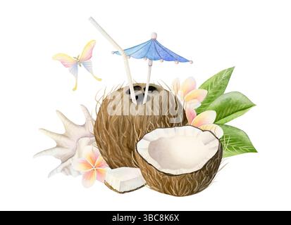 Tropisches Cocktail-Getränk mit Kokosnüssen, Plumeria-Blumen, Muscheln und Schmetterling Aquarell isolierte Illustration. Gesundes Sommergetränk mit Scheiben Stockfoto