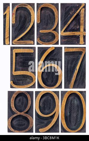 Ein Satz von isolierten 10 Zahlen von Null bis neun – Vintage-Buchdruckholz Stockfoto