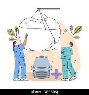 Vektor-Cartoon-Zahnärzte machen Zahnimplantatverfahren. Menschen machen Zahnrestauration mit Metallwurzel. Symbol für Mund- oder Mundchirurgie. Zahnmedizinische Klinik. Zahnpflege, Zahnbehandlung. Zahnreparatur Stock Vektor