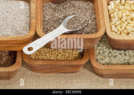 Chia und andere gesunde Samen (Gold und brauner Flachs, Hanf. Pinienkerne) in einer Holzschale mit Teelöffel Stockfoto