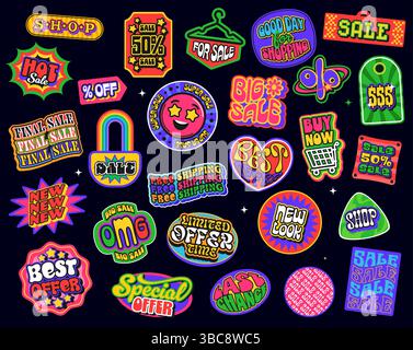 Einkaufsverkauf y2k groovy Retro-Aufkleber, schwarzer freitag Rabatt und Bestes Angebot funky Patch Etiketten, Vektor Einzelhandel Set. Trendige 90er Jahre y2k Einkaufswagen, Taschen- und Etikettenabzeichen, geometrische Formen Verkaufsaufkleber Stock Vektor