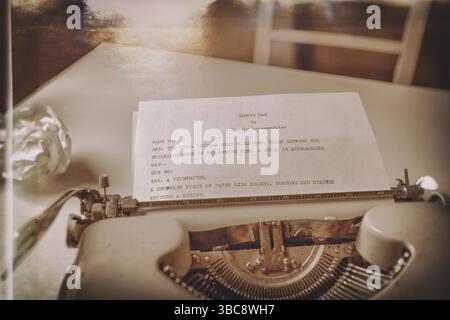 Ein imaginäres Skript eines imaginären Schreibers auf einem Blatt Papier, das in eine Vintage-Schreibmaschine eingefügt wurde. Ein zerknittertes Stück Papier liegt in der Nähe. Stockfoto