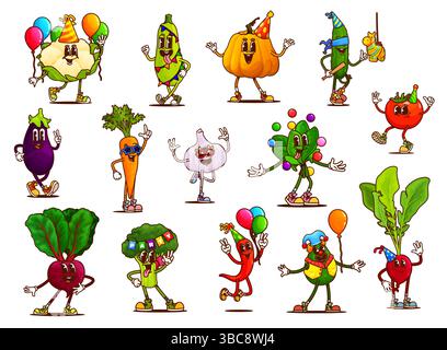 Cartoon groovige Gemüsefiguren auf der Weihnachtsfeier. Fröhliche Retro-vegane Food-Persönlichkeiten aus psychedelischen Tomaten, Karotten, Pfeffer und Brokkoli. Groovige Avocado, Knoblauch und Spinat mit Ballons und Hüten Stock Vektor