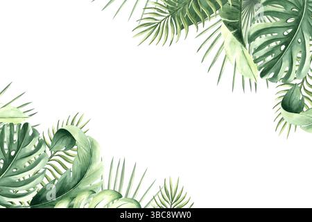 Aquarellrahmen von tropischen Palmblättern isoliert. Postkartenschablone aus exotischer Pflanze. Handgezeichnete grüne Laubmonstera in realistisch Stockfoto