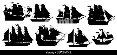 Piratensegelschiffe Silhouetten von Korsair-Segelbooten und Fregattbooten, Vektorset. Silhouetten von Piratenschiffen, Korsair-Kriegsschiffen mit schwarzen Segeln und Flaggen, Schlachtschiff-Booten und Barken Stock Vektor
