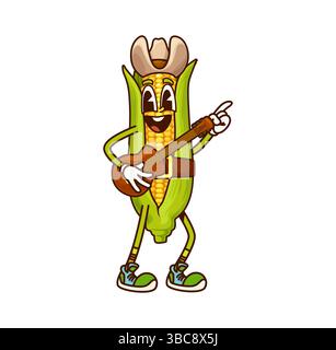 Cartoon grooviger Corn Cob Cowboy, Sheriff und Bandit Gemüse Charakter spielen Gitarre. Isolierte Vektor-lustige Maisfigur in Westerhut, die glücklich Country Song singt. Farm Wilde West Defender Künstler Stock Vektor
