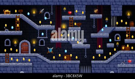 2D-Arcade-Spiel Kartenschnittstelle auf Schloss-Ebene. Plattform und Treppe, Münzen Bonus und hölzerne Schilder Symbole, Vektor UI. Cartoon-Video, Mobile und Computer 2D-Arcade-Spielebalkarte mit Felswänden und Leitern Stock Vektor