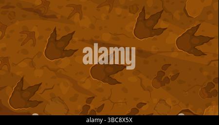 Dinosaurier-Fußabdrücke von prähistorischen Echsenreptilien, Fußabdrücke auf dem Boden, Vektor-Zeichentrickhintergrund. Jurassische Dinosaurier-Fußabdrücke oder Dino-Pfotenabdrücke von Reptilienechsen oder Pterodactyl für Kinder Stock Vektor