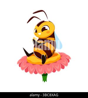 Cartoon Honigbiene Charakter oder niedliche Honigbiene sitzt auf Blume, Vektor Insektenmaskottchen für Kinder. Lustige Comic-Biene oder Hummel mit fröhlichem Gesicht und auf Gartenblume für Kinder niedliches Insektenmaskottchen Stock Vektor
