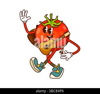 Cartoon grooviger Tomaten-Cowboy und Banditen-Gemüsefigur mit Gitarre und cape. Isolierte Vektor-lustige Vegetarier-Western-Persönlichkeit, die glücklich winkt, um Country-Lied zu singen. Farm Wild West Veggie Artist Stock Vektor