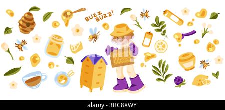 Niedliches Illustrationsset mit Imker, Bienen, Bienenstöcke, Honiggläser, Blumen, und Kräuter auf weißem Hintergrund Stock Vektor