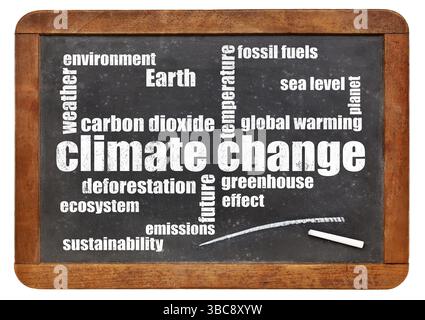 Klimawandelwolke auf einer alten Schiefertafel isoliert auf weiß Stockfoto