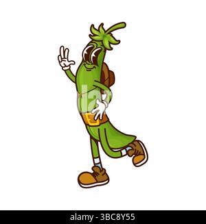 Cartoon-groovige Sojabohnen-Cowboy- oder Banditenfigur. Isolierte grüne Vektorkapsel, gekleidet als westlicher Abenteurer, die mit ihrer Hand ein Friedenszeichen macht. Verspielte und lebhafte Sheriff-Persönlichkeit des Wilden Westens Stock Vektor