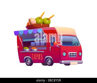 Cartoon Street Food Truck mit Tapas Snacks oder Vintage Festival Foodtruck Vektor Auto. Kiosk mit Tapas-Schild auf dem Dach für spanische Mahlzeiten auf dem Straßenmarkt Stock Vektor