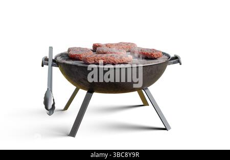 Holzkohlegrill mit Rindfleisch, das über offener Flamme zubereitet wird. Rauch steigt vom heißen Grill auf, isoliert auf weißer 3D-Abbildung Stockfoto