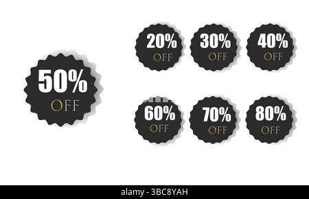 Rabattlabel-Banner mit unterschiedlichem Verkaufsprozentsatz. 20, 30, 40, 50, 60, 70, 80 Prozent Rabatt auf Preisreduzierung Abzeichen Promotion Design Emblem Set Vektor Stock Vektor