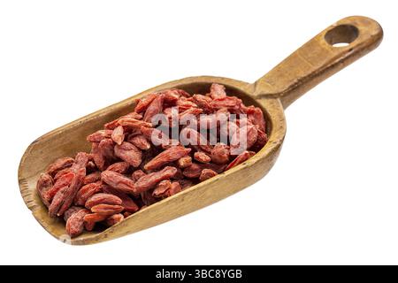 Getrocknete Goji-Beeren auf einer rustikalen Holzschaufel, isoliert auf weiß Stockfoto