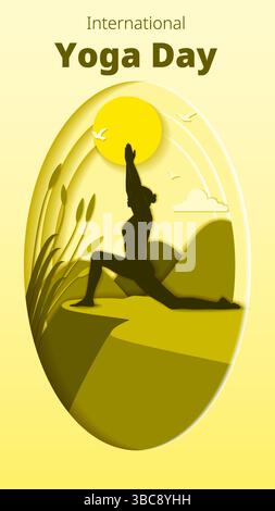 Internationaler Yoga-Tag. Vertikale Vorlage. Anjaneyasana-Pose. Halbmond Ausfallschritt auf dem Knie. Papierschnitt. Isolierte Vektordarstellung Stock Vektor