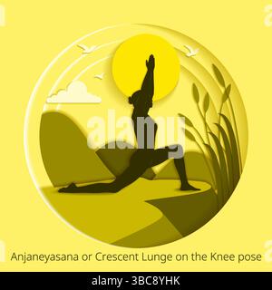Internationaler Yoga-Tag. Anjaneyasana-Pose. Halbmond Ausfallschritt auf dem Knie. Papierschnitt. Isolierte Vektordarstellung. Stock Vektor