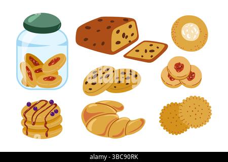 Set mit verschiedenen Backwaren, Keksen, Crackern, Muffins, süßen Brötchen, Croissants, Marmelade-Pfannkuchen und mehr Stock Vektor