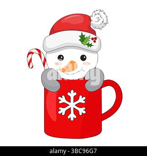 Ein farbenfroher Weihnachtsmann, der einen Weihnachtsmann-Hut trägt, blickt aus einem roten Becher mit einem Zuckerrohr hervor. Handgezeichnet. Vektor Stock Vektor