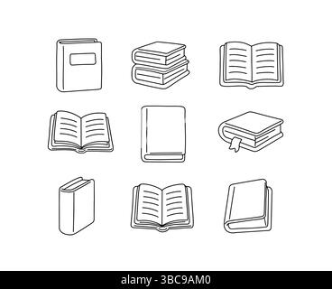 Set handgezeichneter Buchsymbole im Doodle-Stil. Vektor-Sammlung von Schwarzweiß-Buchsymbolen, einschließlich offener und geschlossener Bücher. Handgezeichnete Strichgrafik Stock Vektor