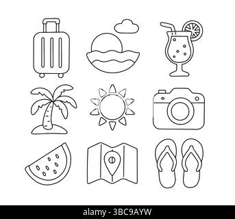 Set handgezeichneter Sommer- und Reisesymbole im Doodle-Stil. Vektor-Sammlung von Liniensymbolen im Urlaubsstil, einschließlich Koffer, Sonne, Kamera, Flipflops Stock Vektor