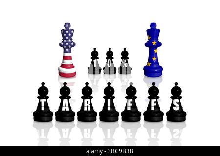 Schach aus EU- und US-Flaggen. Zölle der Europäischen Union und der USA, Handel, Zollkrieg. Tarif 10 % Stockfoto