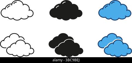 Wolkensymbole für Wetter und Prognose, Linien- und durchgehende Symbolsätze. Sammlung von Cloud-Symbolen für die digitale Nutzung. Isolierte Vektordarstellung Stock Vektor