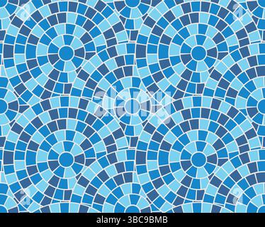 Griechisches Mosaikmuster. Blauer Hintergrund. Römisches Zirkelmotiv mit Ozeanschmuck. Abstrakter Keramikfußboden. Abbildung des Radialmusters der Welle. Stock Vektor