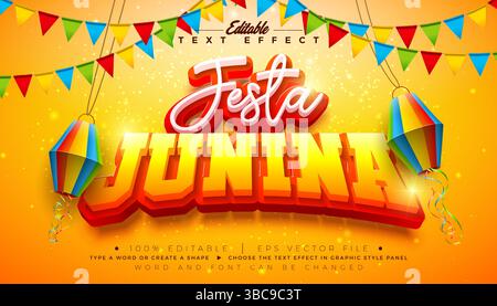 Festa Junina 3D-Texteffekt Design bearbeitbarer und skalierbarer Vektor-Grafikstileffekt mit Typografie-Schriftzug und Schatten auf gelbem Hintergrund Stock Vektor