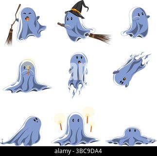 Lustige Geister in der Illustrationskollektion mit weißen Blättern Stock Vektor