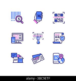 Barcodes und QR-Codes – Symbole im Stil moderner Linienarten Stock Vektor