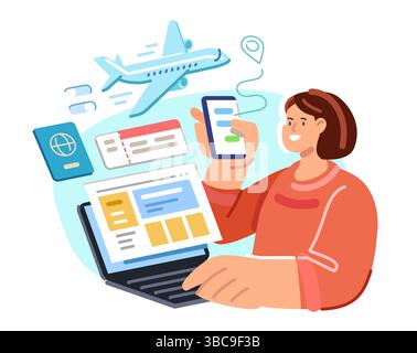 Frau benutzt Laptop, um Flugtickets zu kaufen oder zu buchen. Reiseapp für Flugzeuge. Online-Flugtickets kaufen Stock Vektor