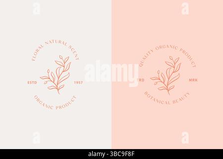 Kollektion mit femininen Logos und Blumenmuster aus der Natur. Elegante Vektor-Vorlage für Florist, handgezeichnete Schönheit, organische Kosmetik, Spa, Salon Stock Vektor