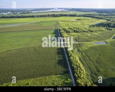 Aus der Vogelperspektive auf eine Schotterstraße und Felder in der Nähe des Mississippi River und des Missouri Rivers in der Columbia Bottom Conservation Area Stockfoto