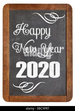 Happy New Year 2020 Grüße auf einer alten Schiefertafel isoliert auf weiß Stockfoto