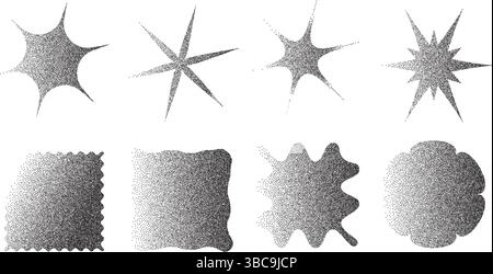 Geometrische brutalistische Figuren mit Grainrauschgradienten-Textur. Y2K Retro-Stempelformulare Set. Quadrate, Sterne und Blumensymbole auf weißem Hintergrund. Vec Stock Vektor