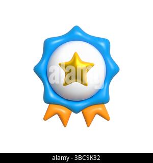 Blaues 3D-Logo mit goldenem Stern in der Mitte, isoliert auf weißem Hintergrund. Hochglanzmedaille 3. Medaille symbolisiert Exzellenz Stock Vektor