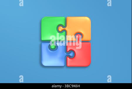 Bunte 3D-Puzzleteile in Grün, Orange, Blau und Rot bilden ein vollständiges Quadrat auf blauem Hintergrund. Glänzende Puzzle-Stücke symbolisieren Teamarbeit Stock Vektor