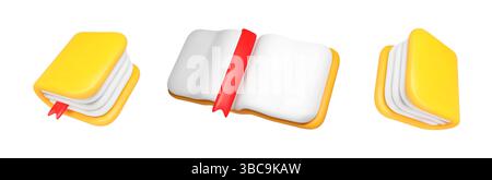 Gelbes 3D-Buchsymbol Schulvektorset mit geschlossenen, offenen und gestapelten Variationen mit rotem Lesezeichen. Moderne digitale Studie Illustration für Stock Vektor