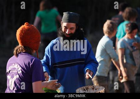 Bauern, die im Schlamm graben, um Reisfelder zu kreieren. Stockfoto