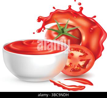 Ketchup - Tomatensauce - Tomatensuppe und frische Tomaten mit Splash Stock Vektor