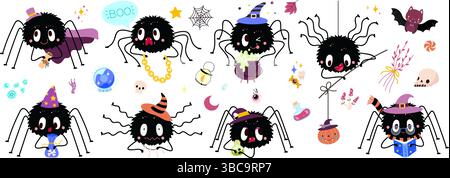 Halloween Spinnen. Lustige Spinne in verschiedenen Posen. Herbstliche festliche Charaktere mit Kürbis, Hexenhut tragen, Magie am Buch studieren, heute Vektorset Stock Vektor
