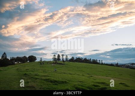 Gruppen von Menschen versammelten sich auf einem grünen Hügel bei Sonnenuntergang in Gerringong Stockfoto