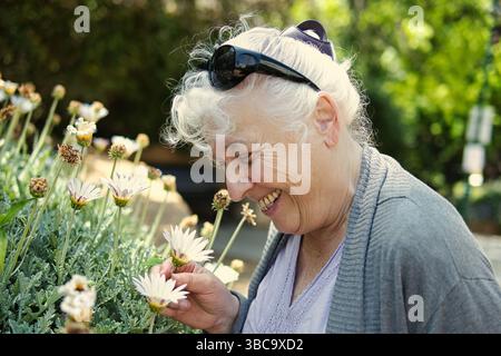 Glückliche Seniorin genießt Blumen im Garten an einem sonnigen Tag Stockfoto