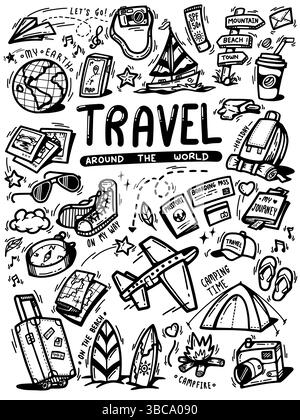Reisen Sie um die Welt. Icon Set von Elementen für Sommerurlaub Reise, Hand gezeichnete Cartoon Vektor Kritzelumriss, schwarze fette Linie isoliert auf weiß Stock Vektor