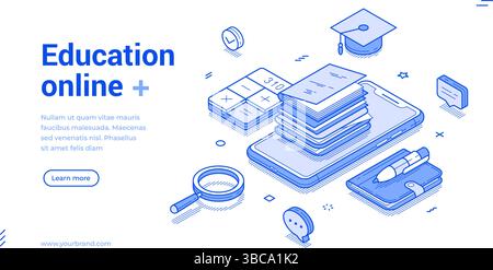 Online-Bildung e-Learning Fernunterricht Schule Web-Banner isometrische Vektor-Illustration. Internet Studieren Kurs Lektion akademische Ausbildung Absolventen Stock Vektor